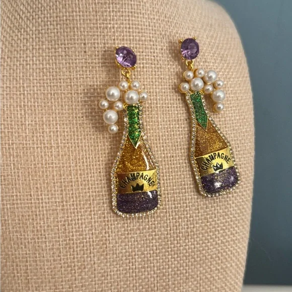 Champagne Bottle Statement Earrings Pearl Purple Crystal Rhinestone Dangles - Picture 4 of 4